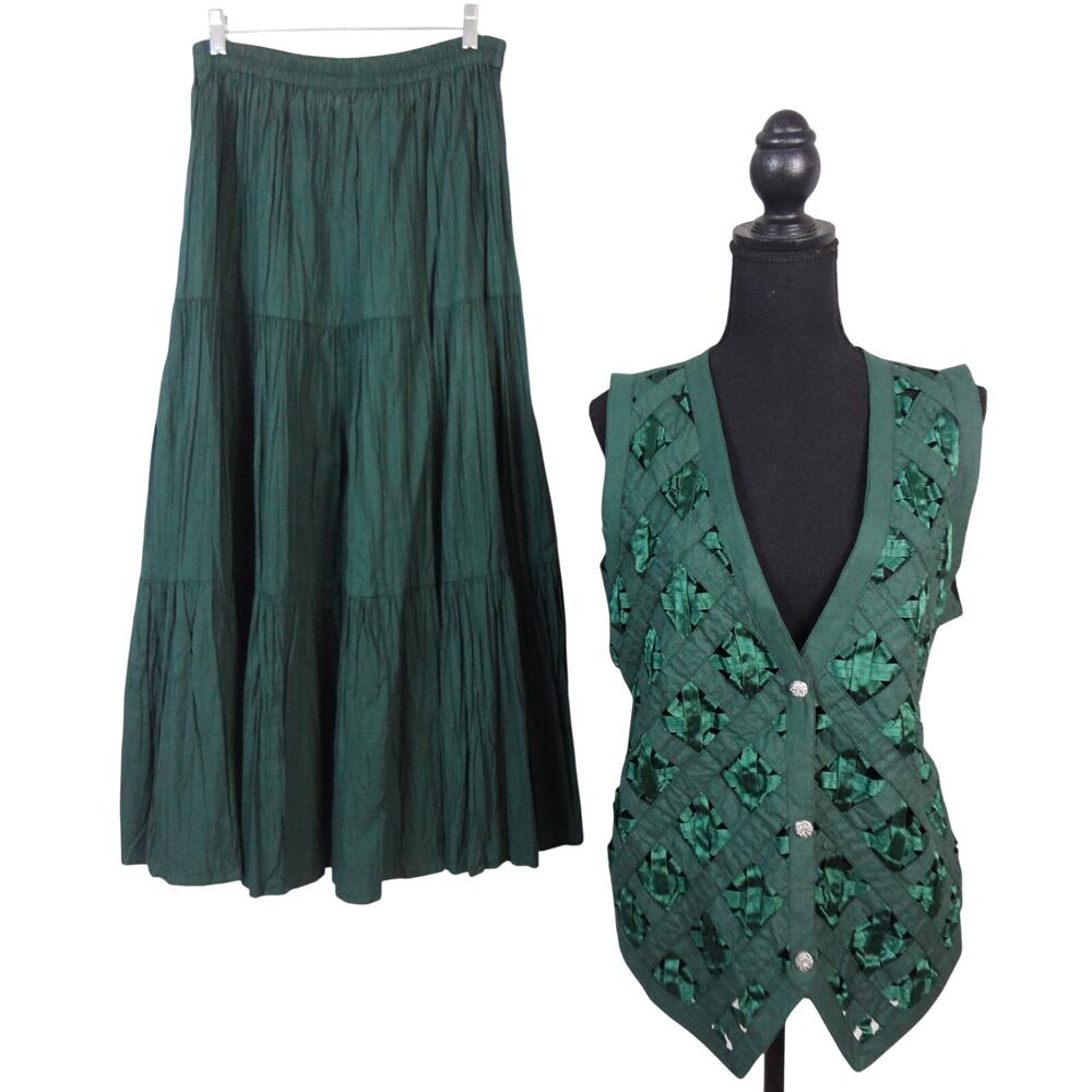 Vintage 90s Green Vest Maxi Skirt SET Gauze Crinkle Embroidered Cotton Small